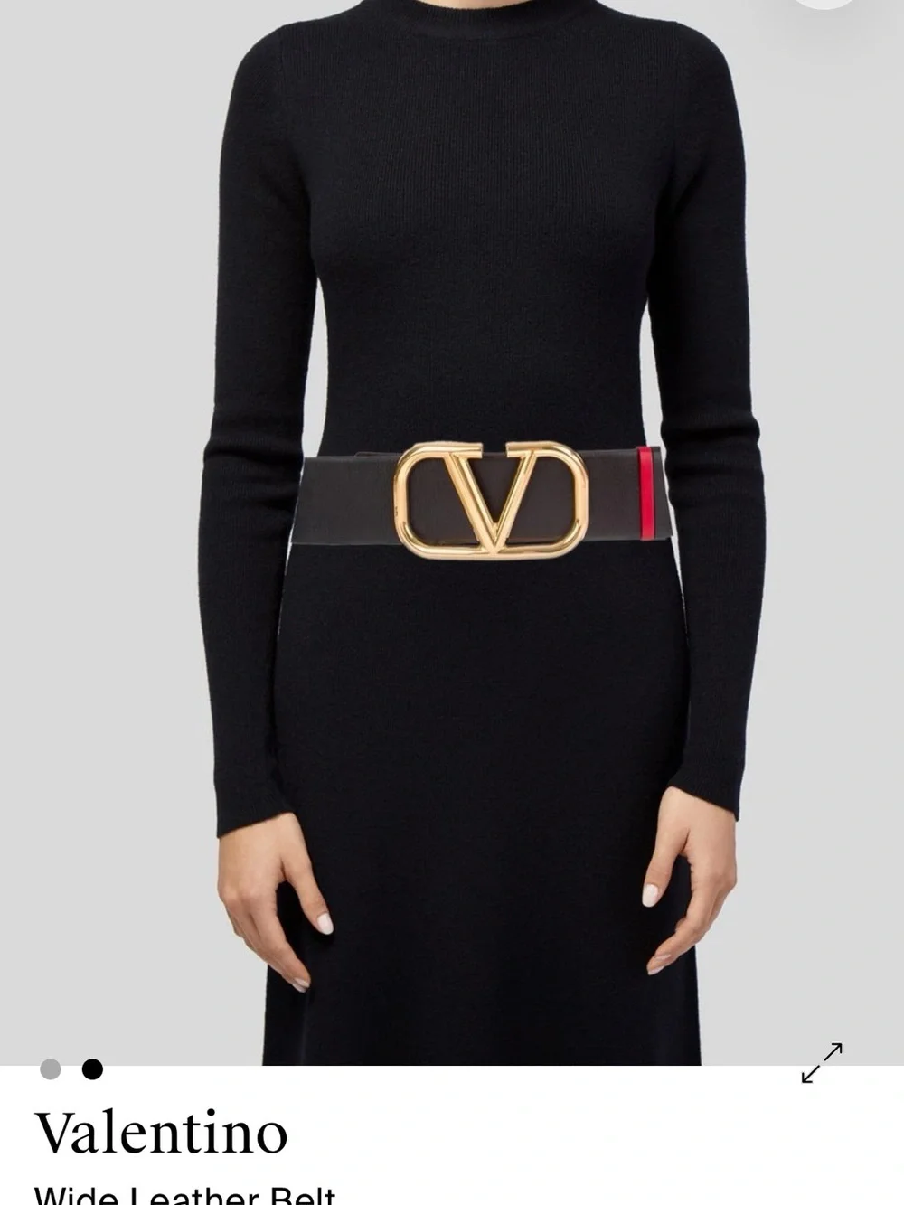 Valentino Black Leather Belt with Gold V Buckle and Red Stripe